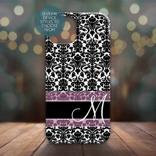 Schwarz-Weiß-Damast-Muster mit Monogramm Case-Mate iPhone 14 Hülle (Personalized Phone Case - Many Device Styles to Choose From)