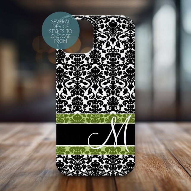 Schwarz-Weiß-Damast-Muster mit Monogramm title_seo2 (Personalized Phone Case with Monogram)