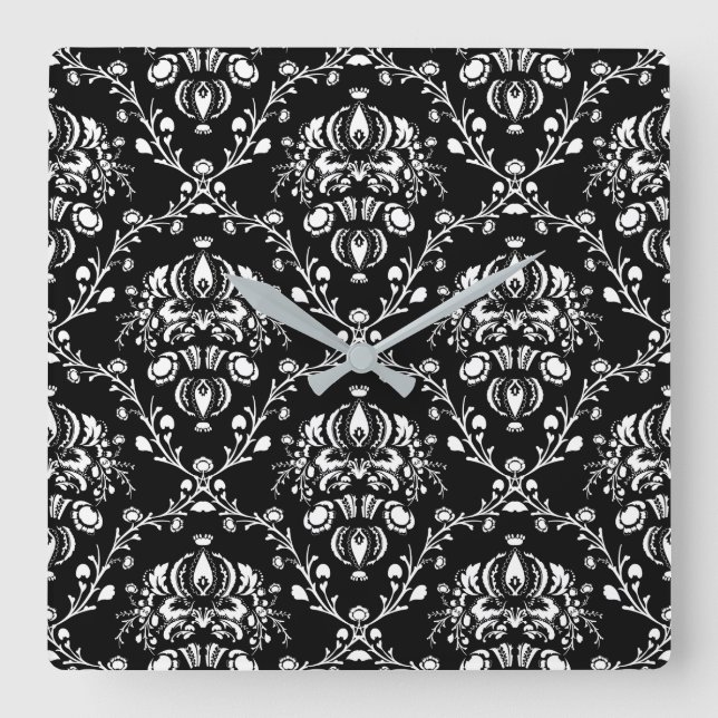 Schwarz-Weiß-Damast Quadratische Wanduhr (Vorderseite)