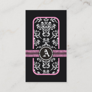 Schwarz weiß Damast rosa Band Monogramm Visitenkarte