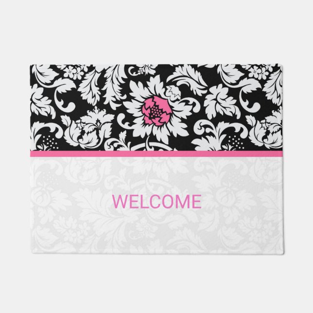 Schwarz-Weiß-Damast-Rosa Streifen Fußmatte (Vorderseite)