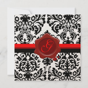 SCHWARZ & WEISS DAMAST, ROTE WACHS-SIEGEL-MONOGRAM EINLADUNG