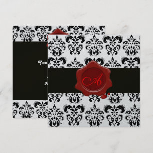 SCHWARZ-WEIß-DAMAST, ROTE WACHS-SIEGEL-MONOGRAMM S EINLADUNG
