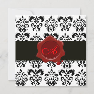 SCHWARZ-WEISS-DAMAST, Rotes Wachssiegel-Monogramm, Einladung