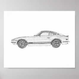 Schwarz-Weiß Datsun 240Z Nissan S30 Zeichnend Poster