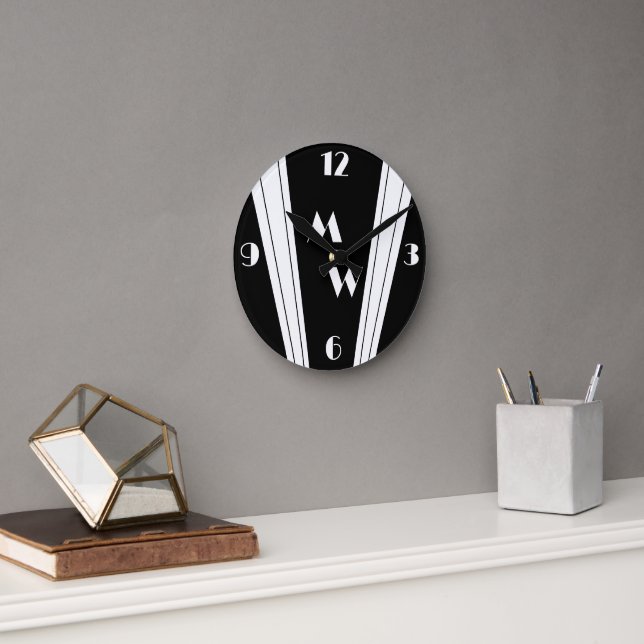 Schwarz-Weiß-Design Mit Monogramm Runde Wanduhr (Büro)