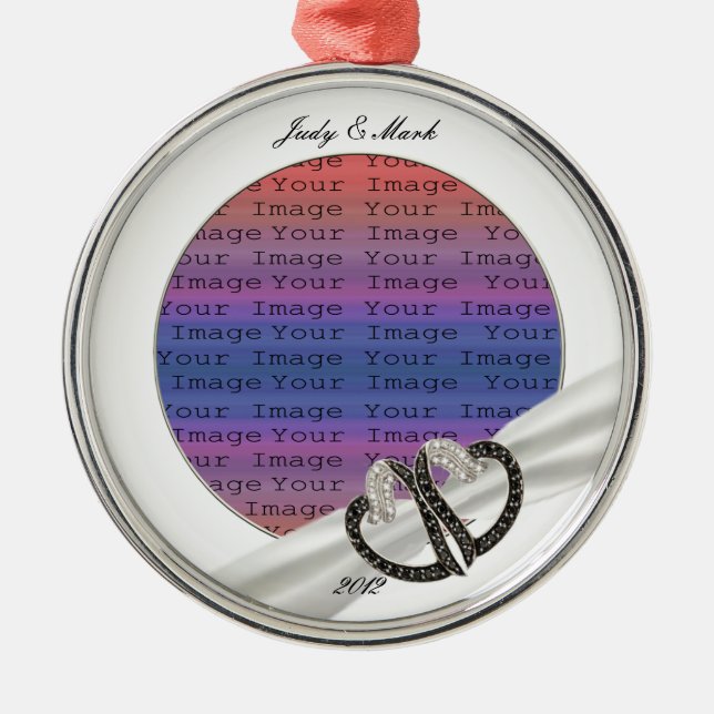 Schwarz-Weiß-Diamant-Herz-Ornament Silbernes Ornament (Vorne)