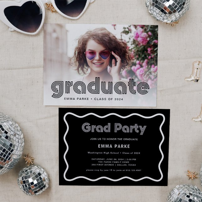 Schwarz-Weiß-Disco Text und Foto | Grad Party Ankündigung (Von Creator hochgeladen)