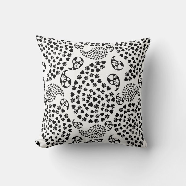 Schwarz-Weiß-Dog-Paws und Hörnchen Paisley Print Kissen (Vorderseite)