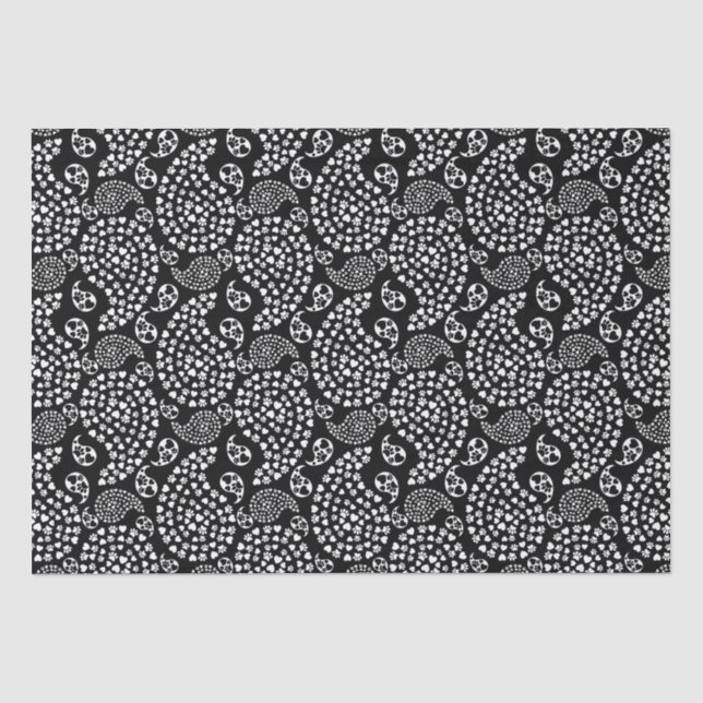 Schwarz-Weiß-Dog-Paws und Hörnchen Paisley Print Seidenpapier (Vorderseite)
