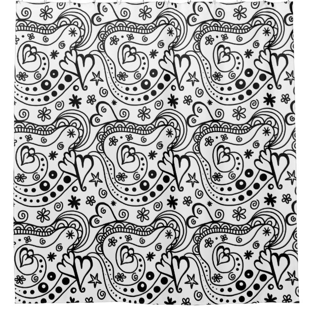 Schwarz-Weiß-Doodle-Art-Duschvorhang Duschvorhang (Vorderseite)