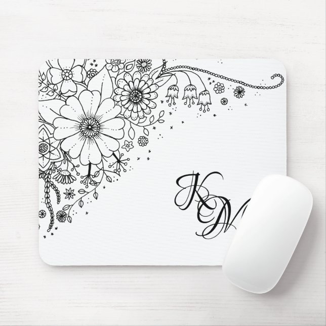Schwarz-Weiß-Doodle-Blume Mousepad (Mit Mouse)