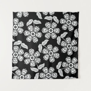 Schwarz-Weiß-Doodle-Blume-Muster schwarz, abstrakt Wandteppich