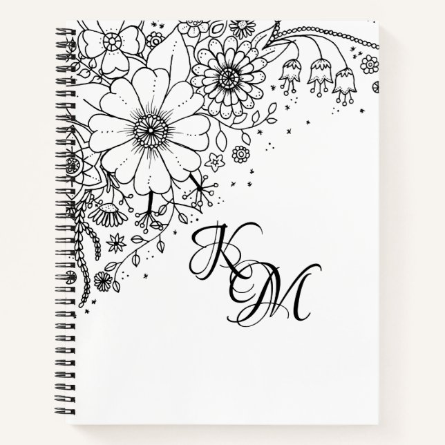Schwarz-Weiß-Doodle-Blume Notizbuch (Vorderseite)