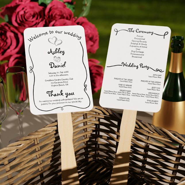 Schwarz-Weiß-Doodle-Hochzeitszeremonie-Programm Fächer (Black and White Doodle Wedding Ceremony Program Hand Fan)