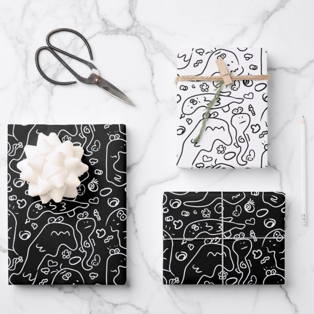 Schwarz-Weiß-Doodle-Muster, Packpapier-Folie Geschenkpapier Set (Vorderseite)