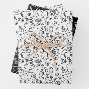 Schwarz-Weiß-Doodle-Muster, Packpapier-Folie Geschenkpapier Set