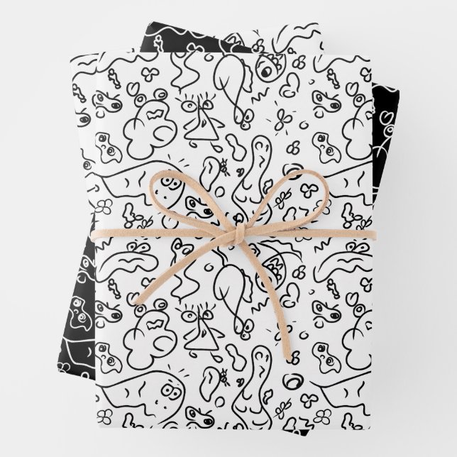 Schwarz-Weiß-Doodle-Muster, Packpapier-Folie Geschenkpapier Set (Beispiel)