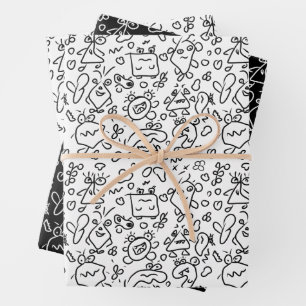 Schwarz-Weiß-Doodle-Muster, Packpapier-Folie Geschenkpapier Set