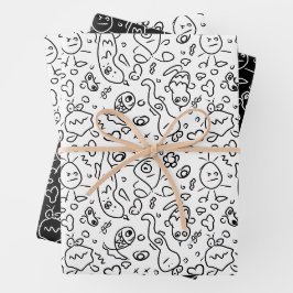 Schwarz-Weiß-Doodle-Muster, Packpapier-Folie Geschenkpapier Set