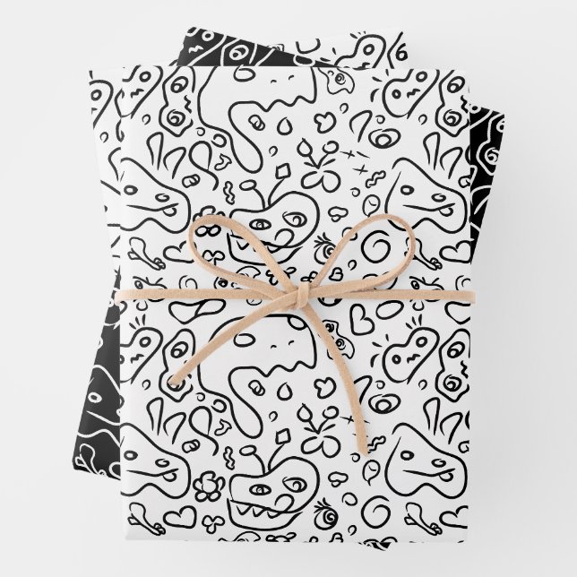 Schwarz-Weiß-Doodle-Muster, Packpapier-Folie Geschenkpapier Set (Beispiel)