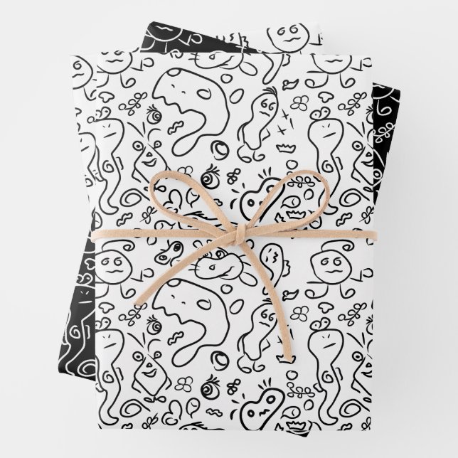 Schwarz-Weiß-Doodle-Muster, Packpapier-Folie Geschenkpapier Set (Beispiel)