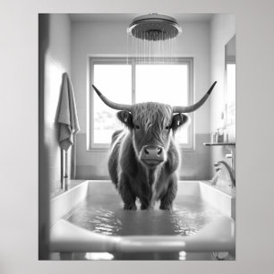 Schwarz-Weiß-Dusche Hochland-Kuh-Bad Poster