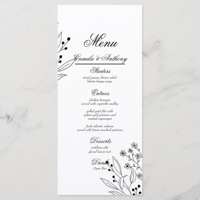 Schwarz-Weiß-Ecke Floral Boho Hochzeit Menükarte (Vorderseite)