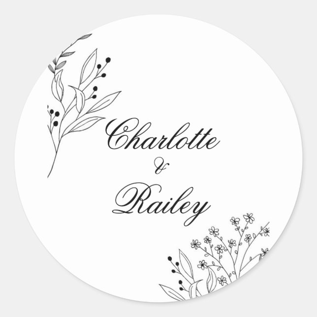 Schwarz-Weiß-Ecke Floral Boho Hochzeit Runder Aufkleber (Vorderseite)