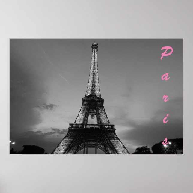 Schwarz-Weiß-Eiffelturm in Paris Nacht Poster (Vorne)