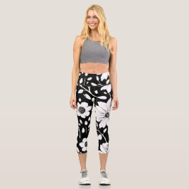 Schwarz-Weiß-Einfache Blume Nahtloses Muster Capri Leggings