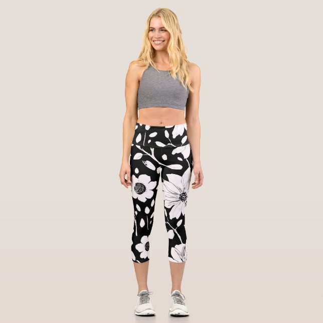 Schwarz-Weiß-Einfache Blume Nahtloses Muster Capri Leggings (Vorderseite)