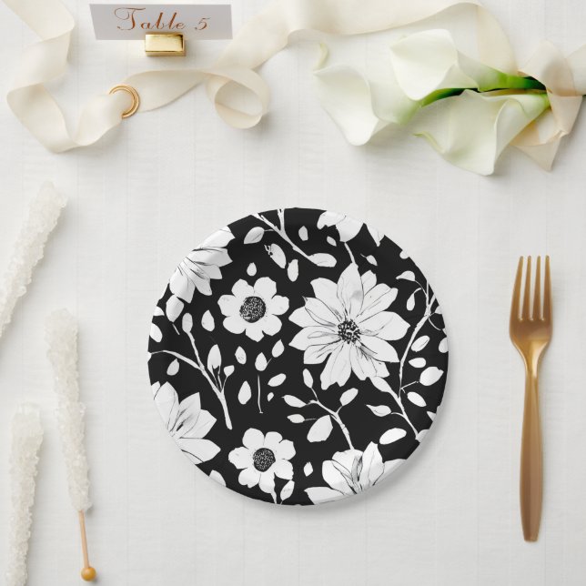 Schwarz-Weiß-Einfache Blume Nahtloses Muster Pappteller (Hochzeit)