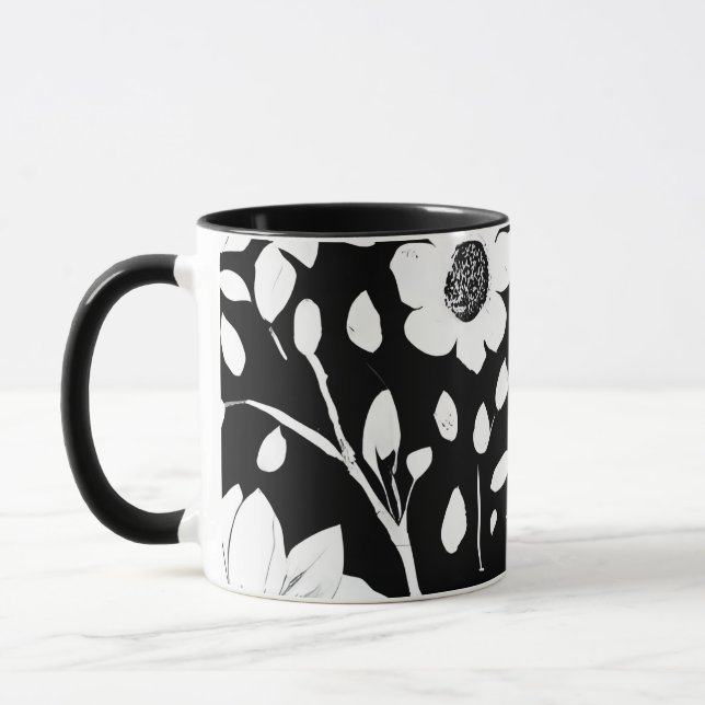 Schwarz-Weiß-Einfache Blume Nahtloses Muster Tasse (Links)
