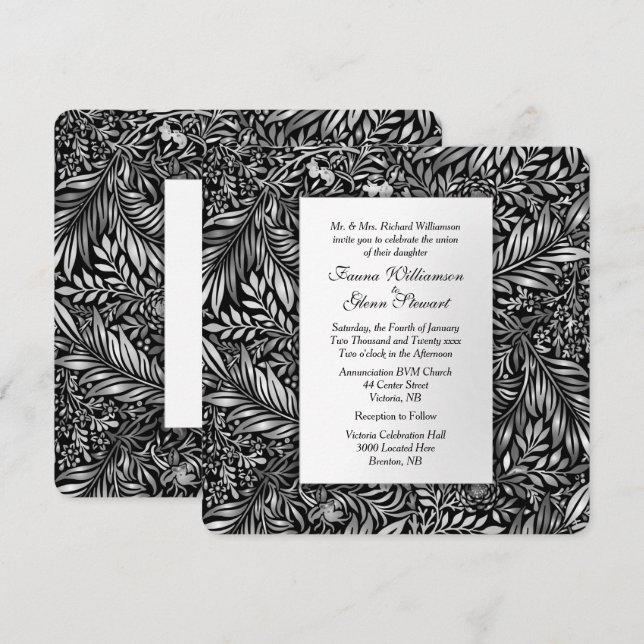 Schwarz-Weiß-Einladung zur Hochzeit von Flora und  Einladung (Vorne/Hinten)