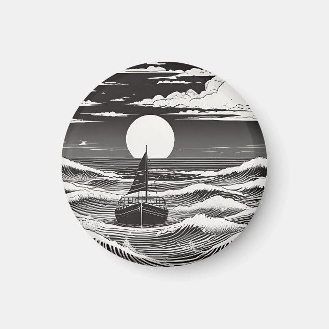 Schwarz & Weiß einsames Boot auf dem Ozean Magnet (Vorne)