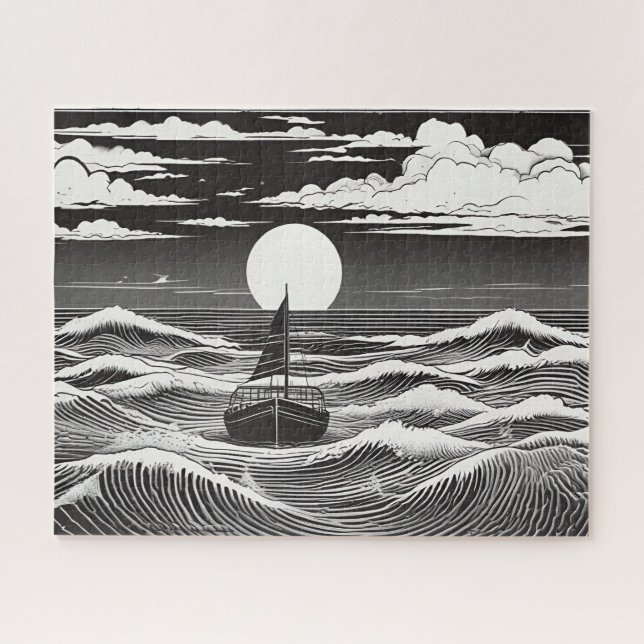 Schwarz-Weiß-Einsames Boot im Sturmmeer (Horizontal)