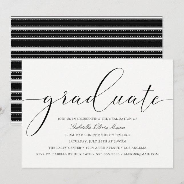 Schwarz-Weiß-Elegance | Graduierungspartei Einladung (Vorne/Hinten)