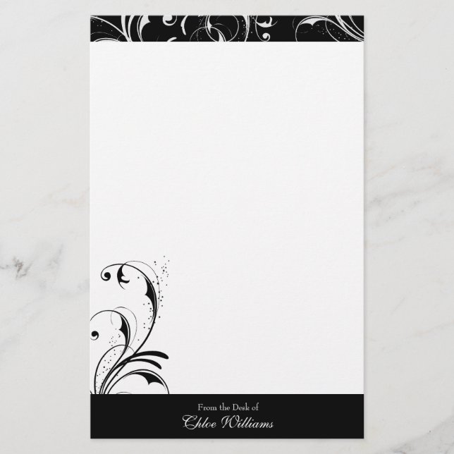 Schwarz-Weiß-Elegant Geblüht Briefpapier (Vorderseite)