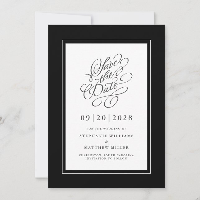 Schwarz-Weiß-Elegant-Hochzeitskalligrafie-Skript Save The Date (Vorderseite)