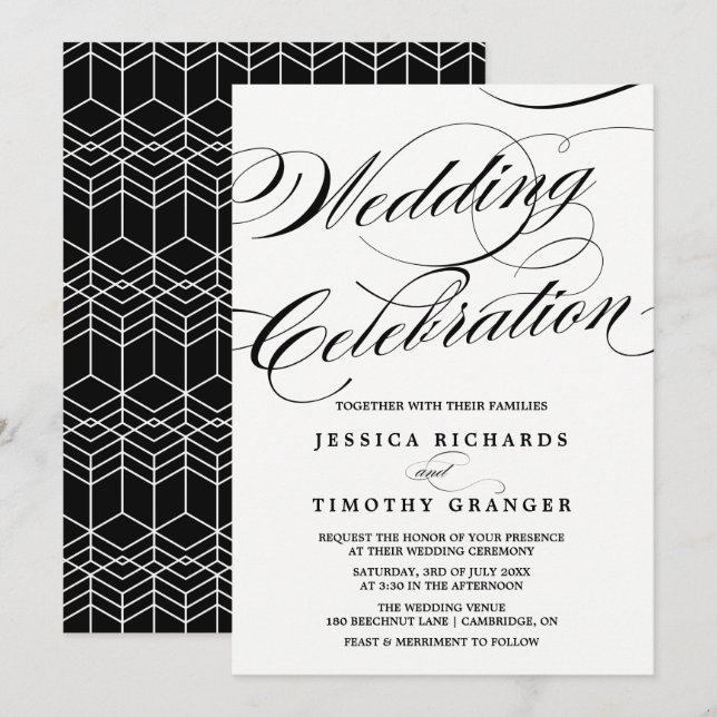 Schwarz-Weiß-Elegant-Kalligrafie-Skript Hochzeit Einladung (Vorne/Hinten)