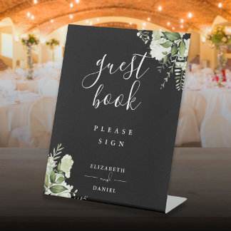 Schwarz-Weiß-Elegante Blumengrün Gästebuch Sockelschild
