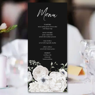 Schwarz-Weiß Elegante Blumenstrauß Modern Menükarte