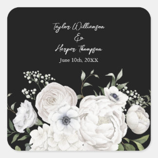 Schwarz-Weiß Elegante Blumenstrauß Modern Quadratischer Aufkleber