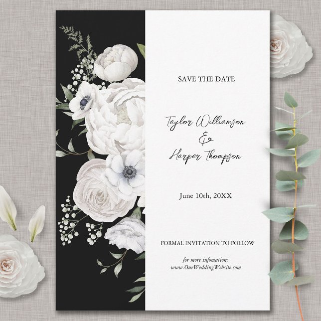 Schwarz-Weiß Elegante Blumenstrauß Modern Save The Date (Von Creator hochgeladen)