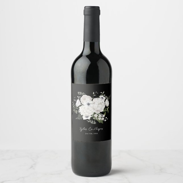 Schwarz-Weiß Elegante Blumenstrauß Modern Weinetikett (Vorderseite)