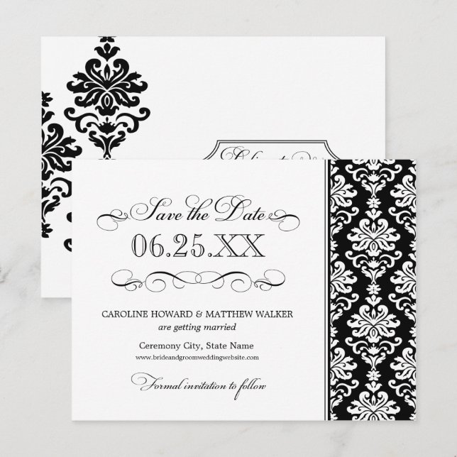 Schwarz-Weiß-Elegante Damask Save the Date Ankündigungspostkarte (Vorne/Hinten)