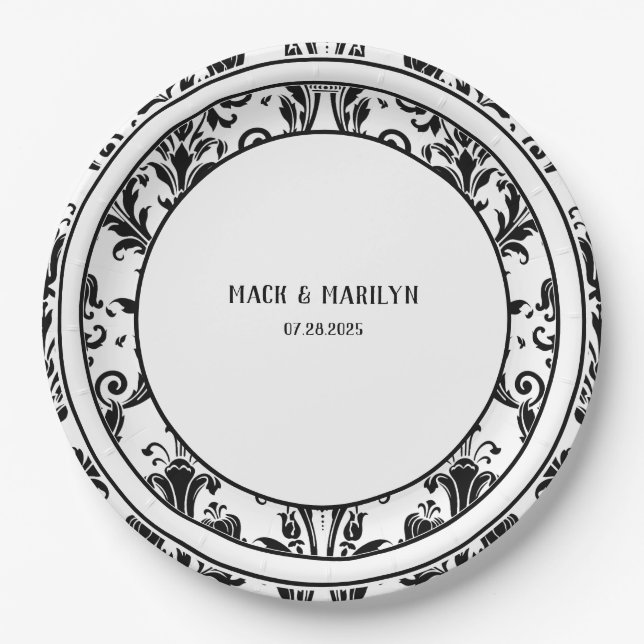 Schwarz-Weiß-Elegante Damaskus Hochzeitsessen Pappteller (Vorderseite)