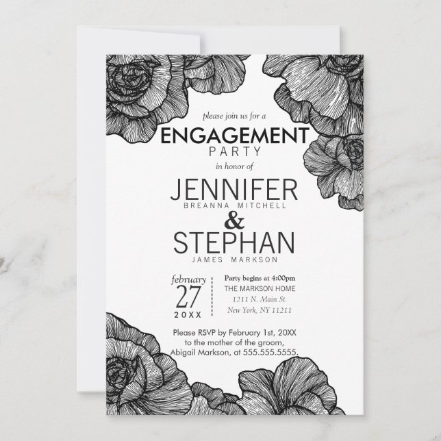 Schwarz-Weiß-Elegante-Engagement-Partei Einladung (Vorderseite)