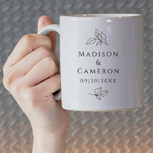 Schwarz Weiß Elegante Hochzeit Blätter Namen Datum Kaffeetasse